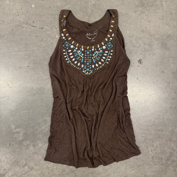 Vintage Y2k Turquoise Brown Beaded Embellished Flowy Tank Top Racerback M - Picture 1 of 5